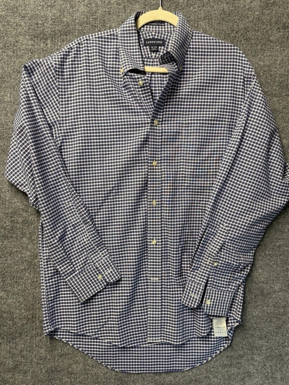 Lands End Mens Original Oxford Shirt 16-34 Blue White Gingham Button Down Cotton